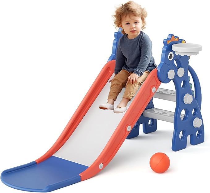 GLAF Toddler Slide Indoor for Toddlers 1-3 Baby Slide Outdoor Playset with Basketball Hoop and Ball Plastic Foldable Slides for Kids Backyard Climber Set (Blue)