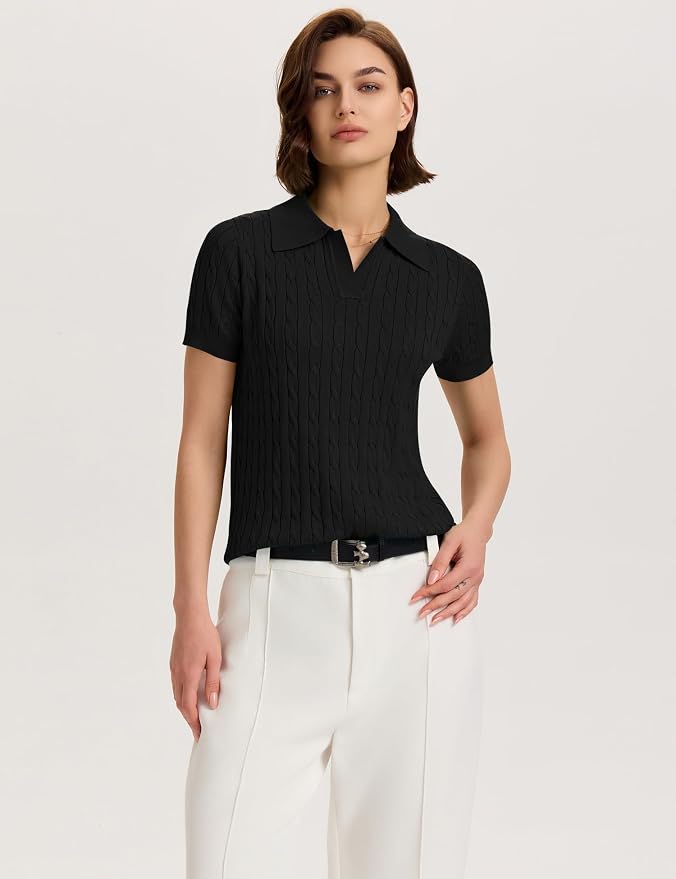 Micoson Womens Short Sleeve Sweater Tops Lapel V Neck Polo Shirts 2026 | Summer Cable Knit Loose Blouses, Business Casual Outfits