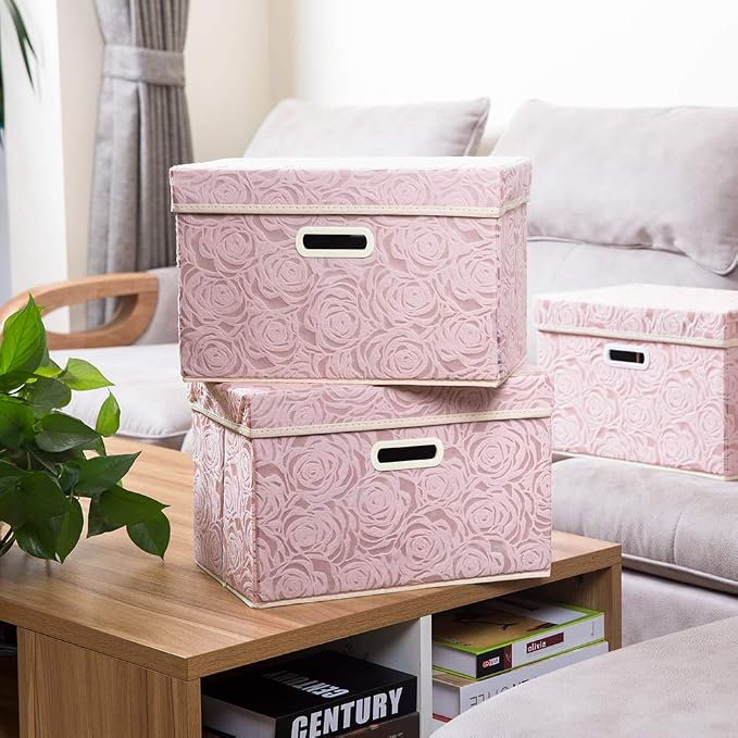 Collapsible Storage Boxes with Lids [5-Pack] Fabric Decorative Storage Bins Cubes Organizer Containers Baskets with Cover Handles Divider for Bedroom Closet Living Room Pink 14.9x9.8x9.8 Inch