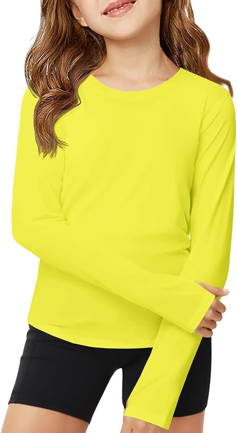 ZDC Girls Long Sleeve Athletic Shirts Kids Crewneck Quick Dry Workout Yoga Tops Basic Tees Activewear