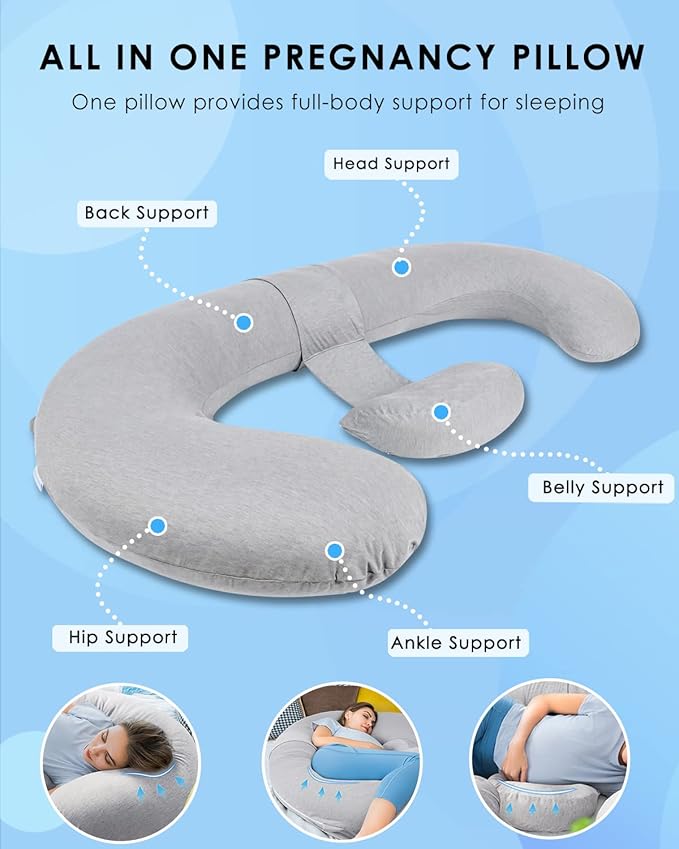 QUEEN ROSE Pregnancy Pillow, E Shaped Body Pillows for Sleeping Support, 60 Inch Maternity Pillow for Pregnant Women with Cooling Silky Cover, Grey
