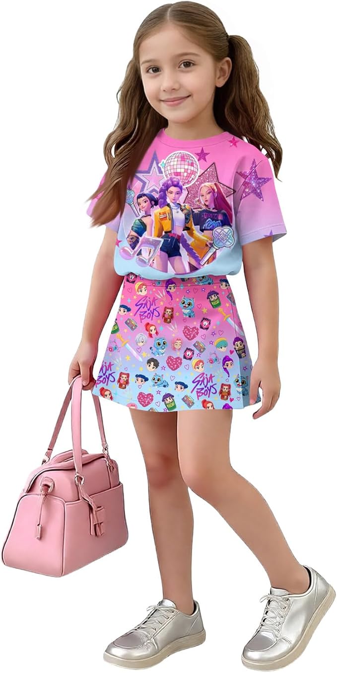 HTHLVMD K Pop Short Sleeve T-Shirt and Skirts Outfits Set for Girls Hunters Rumi Mira Zoey Graphic Tees De-Mon Costume