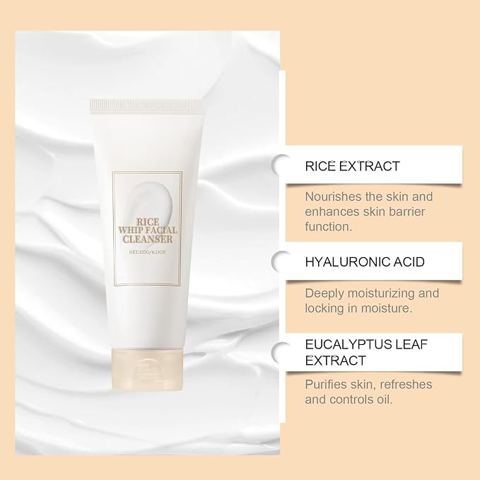 Rice Facial Cleanser, Gentle Foaming Cleanser, Controls Oil, Moisturizes and Hydrates, Nourishes Skin, Cleanses Pores, Gentle Formula Suitable for All Skin Types, Korean Skincare Product, 4.23 Oz