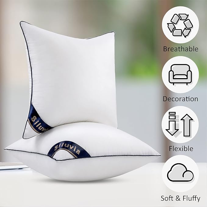 Siluvia 22"x22" Pillow Insert Set of 2 Square Throw 22 Pillows with 100% Cotton Cover for Sofa, Couch, and Bed - White | 100% Premium Polyester Fill, Fluffy & Soft with Comfy Support - White Decorative Cushion Inserts for Couch, Sofa & Bed