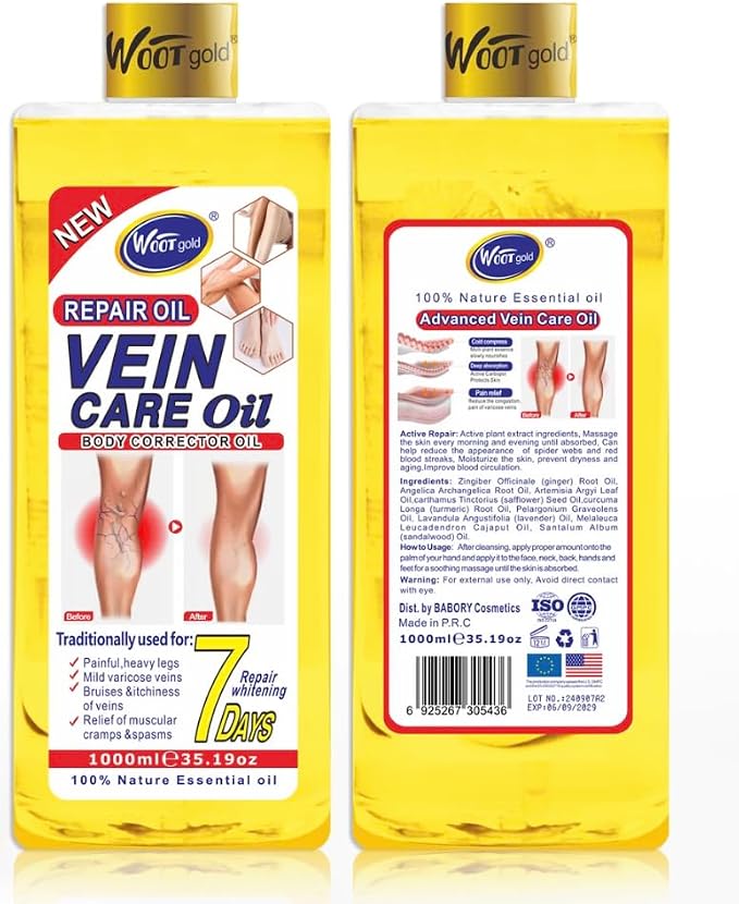 Vein Care Oil, Repair Oil for Painful Heavy Legs, Mild Varicose Veins, Bruises, Itchiness, Cramps, 35.19 oz