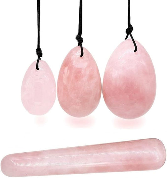 4Pcs Set Jade Yoni Eggs Stick,3 Pcs Drilled Natural Rose Quartz Crystal Jade Eggs Massage Stone + 1 Pcs Massage Stick for Women Kegel Exercise Strengthen Pelvic Floor Muscles