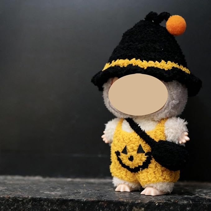 17cm Doll Clothes, Halloween Witch Hat and Pumpkin Costume Set Handcrafted Crochet Halloween Clothes for 6.7"(No Doll Included)