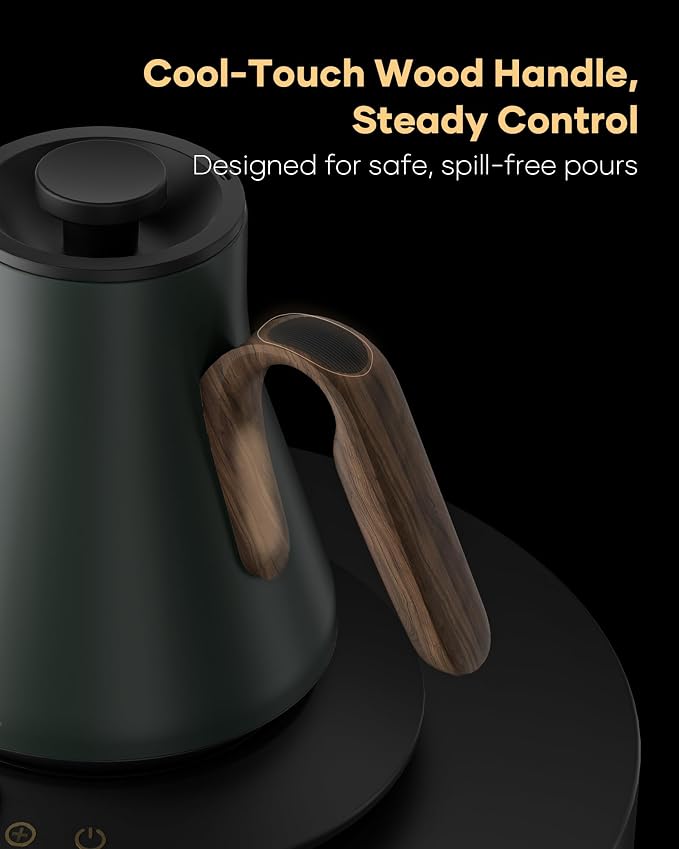 Cocinare Gooseneck Electric Kettle, ±1°F Precise Temperature Control, 1500W Fast Heating, Pour Over Coffee & Tea Kettle with Brew Timer & Keep Warm, Stainless Steel, 0.9L (Delacroix Green)