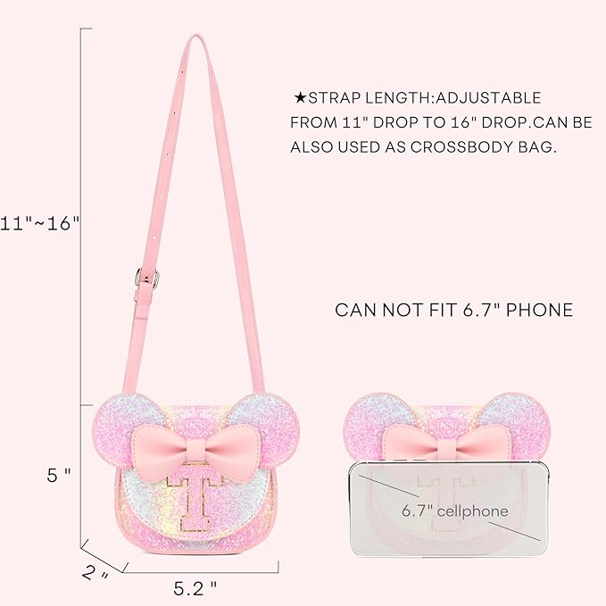 mibasies Toddler Purse Girl Gifts: Girls Birthday Gifts for 3-8 - Toys for Ages 2-4 Girls Mouse Ears Purse, Glitter Rainbow, Letter T