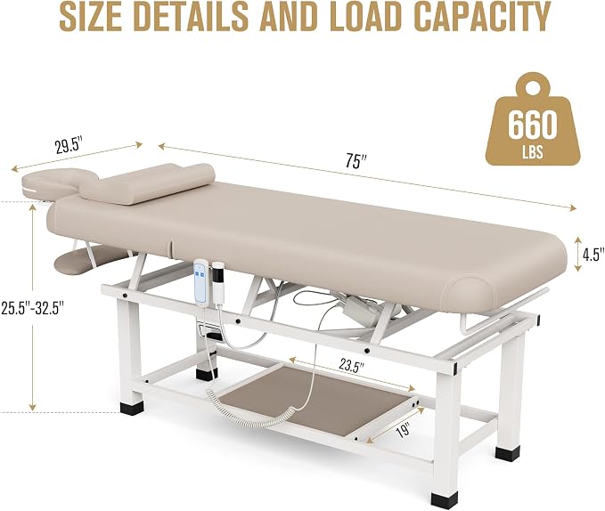 Olela Electric Massage Table with Heated Function- Heated Massage Table with Electric Lift & Manual Adjustable Backrest, Treatment Table with Storage and Metal Frame for Massage, Spa So On