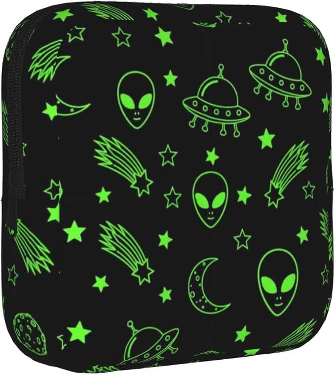 Reusable Menstrual Cup Pouch Green Alien Moon Planet Black, Compact Polyester Period Bag, Multifunctional Storage Organizer for Purse and Travel