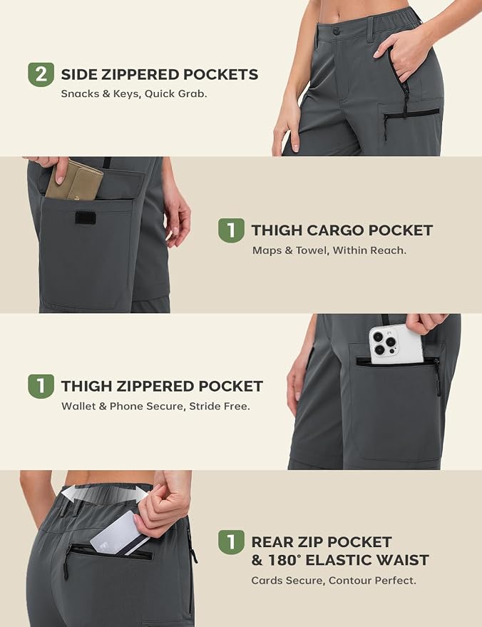 Cycorld Women's-Hiking-Pants-Convertible Quick-Dry-Stretch-Lightweight Zip-Off Outdoor Pants with 5 Deep Pockets