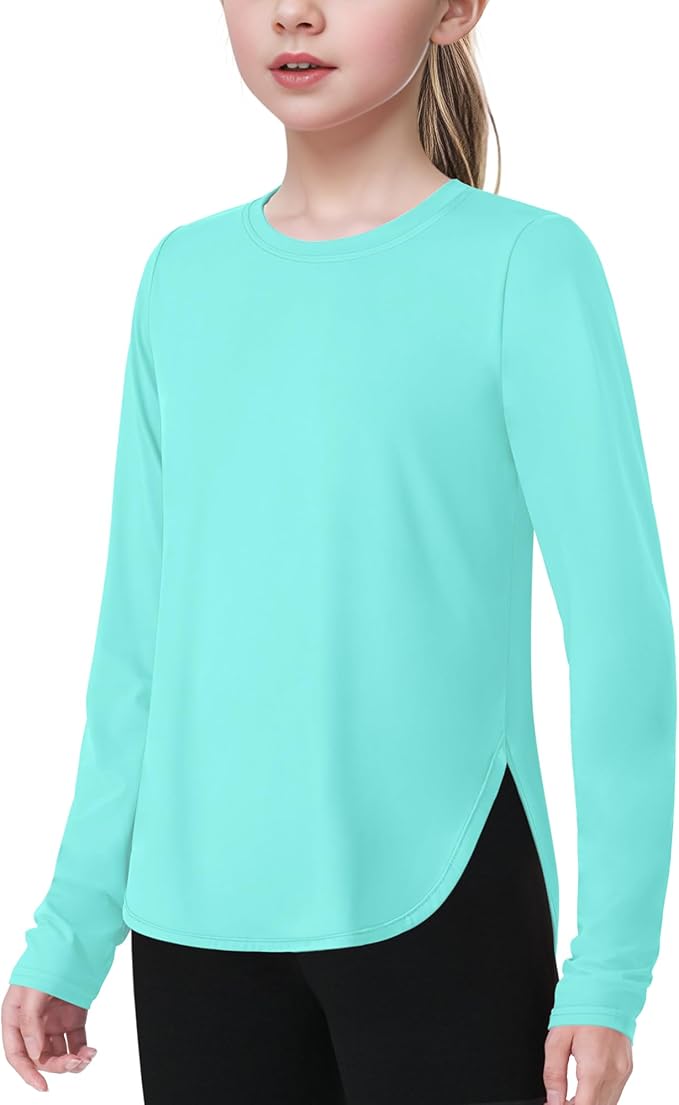 JOCMIC Girls Long Sleeve Shirts Kids Athletic Quick Dry UPF 50+ Sun Shirt Basic Tees for Gym Yoga Tops