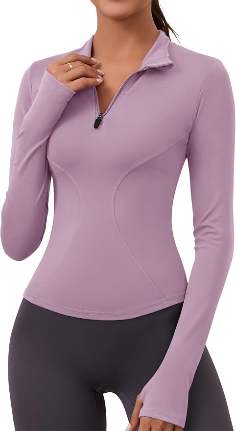LOMON Womens Long Sleeve Workout Tops Quick Dry Quarter Zip Pullover Crop Yoga Athletic Slim Fit Shirts