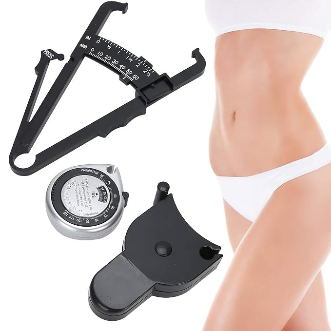 3 Piece Metric Body Fat Tester with Retractable Caliper & Waist Measurement Tape for Fitness & Activity Monitoring, Body Composition Analysis