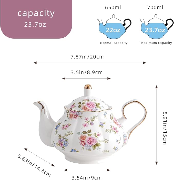 Agyiuns Flower Ceramic Teapot,22oz Porcelain Tea pot for Tea Coffee Milk for Office Home Men Women as Gift(White and small flowers)