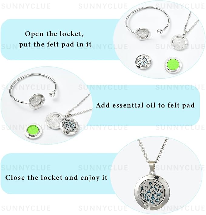 SUNNYCLUE 1Pc Essential Oil Necklace 1Pc Essential Oil Diffuser Bracelet with 10Pcs Refill Pads Cloud Stainless Steel Cuff Bangle Diffuser Locket Necklaces Aromatherapy Jewelry for Women Gifts
