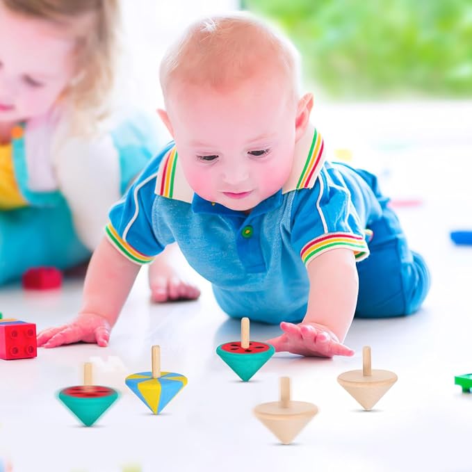 NUOBESTY Wood Spinning Tops for Kids, Unfinished Wooden Gyroscope Toys Spin Tops Montessori Toys for DIY Crafts, Birthday Party Favors, Family Game (12 Pieces)