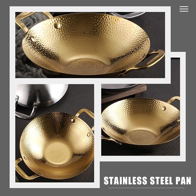 Double Handle Hammered Griddle Korean Pot Ramen Pot Stainless Steel Pan Cooking Tool