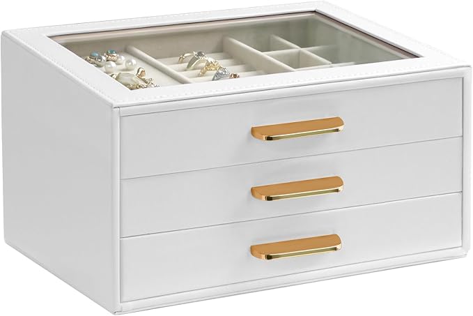 Homeanda Jewelry Boxes Organizer with Glass Lid, 3-Layer PU Leather, White | Modern style display case with 3 drawers for daily jewelry, women, mom or girl gift