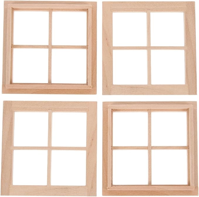 DOITOOL 4PCS Dollhouse Windows 1: 12 Scale Miniature Dollhouse Furniture Window Frame Tiny Wooden Window Models Miniature Window Frames for Dollhouse Decoration