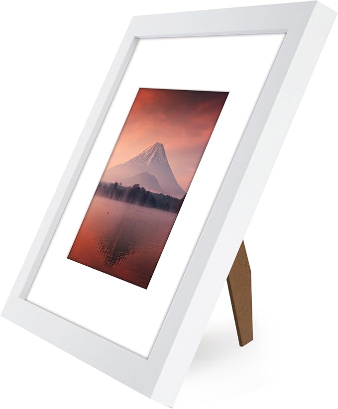 Americanflat 8x8 Picture Frame - Matted to 5x5 - Engineered Wood - White | Shatter-resistant glass, wall or tabletop display with included easel, sawtooth hangers included, use with or without mat