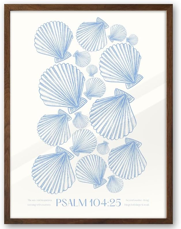 EcoHest 12x16 in Psalm 104:25 Coastal Seashell Framed Christian Wall Art | Walnut Color Solid Oak Frame with Canvas Wall Art, Scripture Bible Verse Decor for Bedroom, Living Room, Office, Church,1Pack