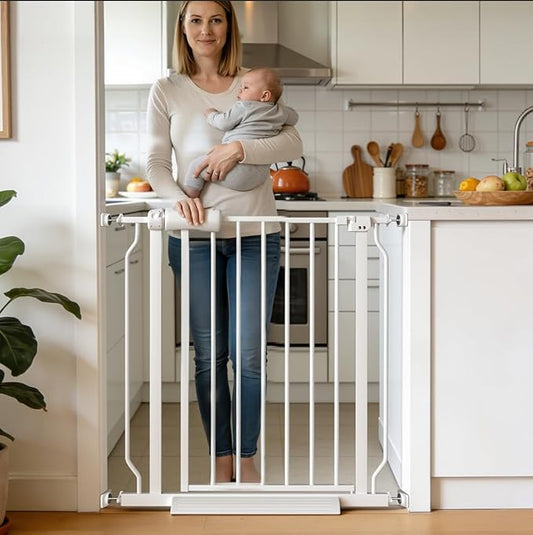 Narrow Baby Gate 24 to 29 Inch Wide Pet Gate Pressure Mounted No Drill Safety Gate Walk Through Metal Child Gate for Kids Stairs or Pets Indoor White
