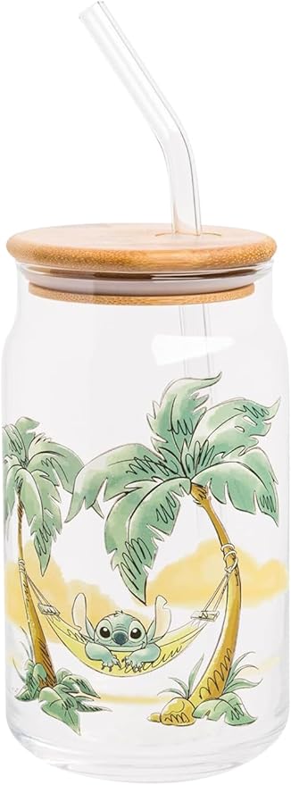 Silver Buffalo Disney Lilo and Stitch Relaxing Chilling in Hammock Island Glass Jar Tumbler with Bamboo Lid and Glass Straw, 16 Ounces (Pack of 12)