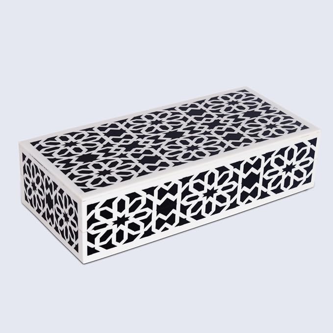 Handicrafts Home Decorative Storage Box with Lid, Black White Persian Mosaic Box, Islamic Rosette Pattern Coffee Table Organizer, Keepsake Box for Living Room & Console Decor, Shiraz 10 x 4.5 x 2.5