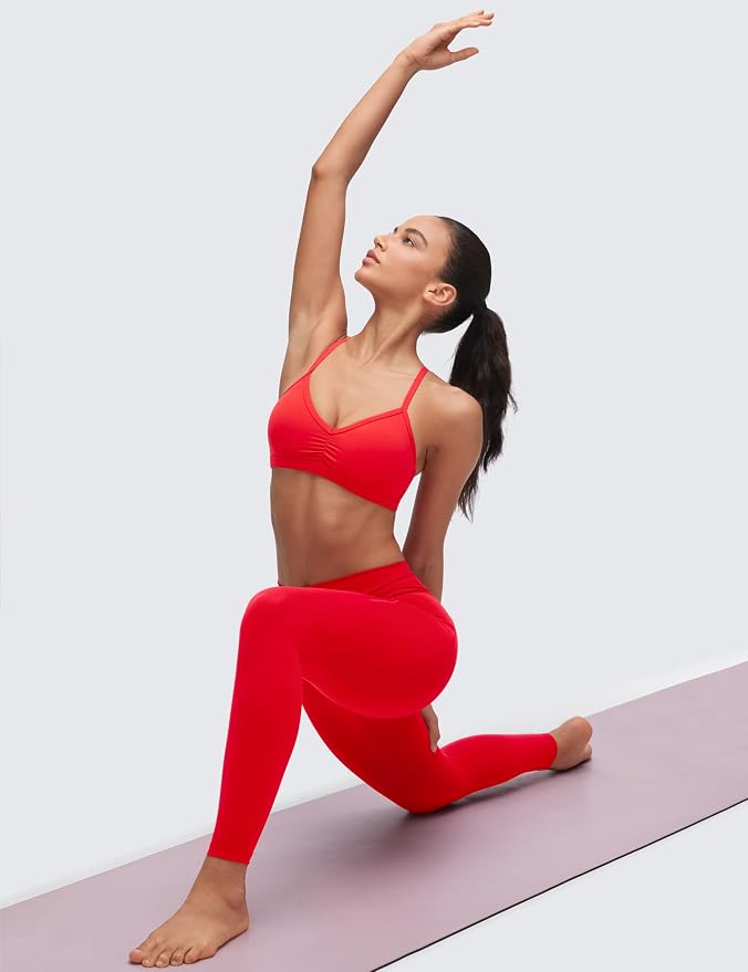 CRZ YOGA Butterluxe Ruched Sports Bras for Women - V Neck Spaghetti Thin Strap Y Back Wireless Padded Yoga Crop Top