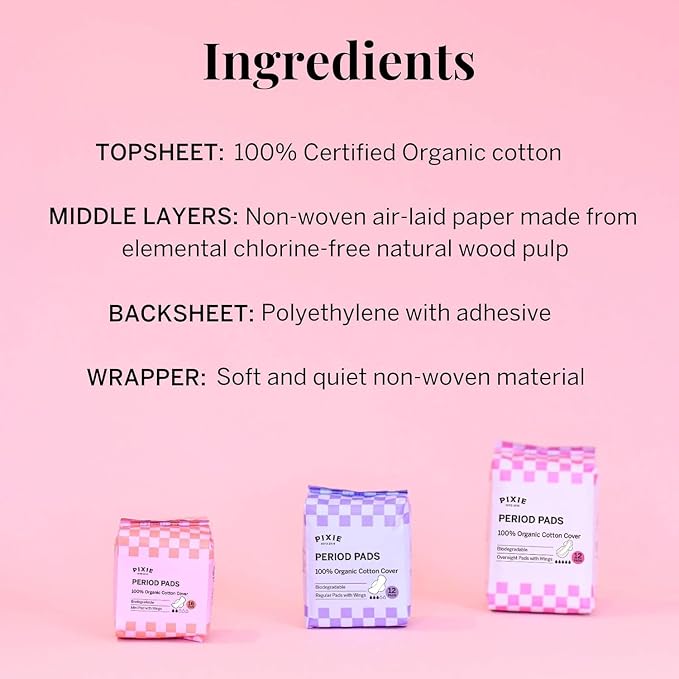 Pixie Organic Pads Cotton Ultra Thin Overnight Pads for Women - Extra Heavy Absorbency with Wings - Leak-Proof, Hypoallergenic & Unscented - Compostable, Biodegradable - FSA Eligible - 12 Count