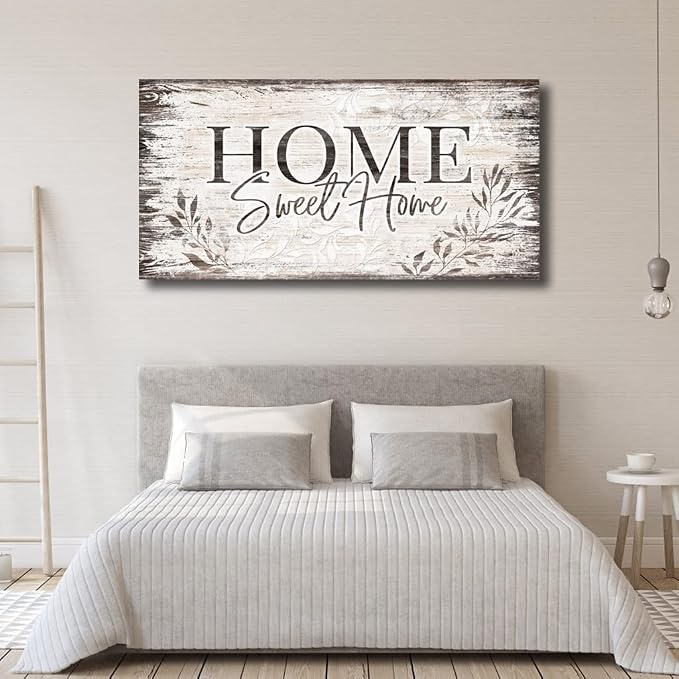 arteWOODS Home Sweet Home Wall Art Sign Large Dark Brown Farmhouse Wall Sign for Living Room Decoration Wooden Board Design Canvas Prints Modern Rustic Artwork Leaf Pictures Wall Decor 20" x 40"