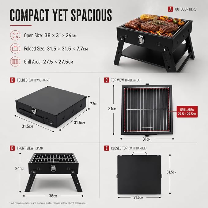 Small Portable BBQ Charcoal Grill: Mini Foldable Table Top Barbecue Grills | with Fire Starter Kit for Outdoor Cooking, Fathers Day Birthday Grilling Gift for Men Dad Husband