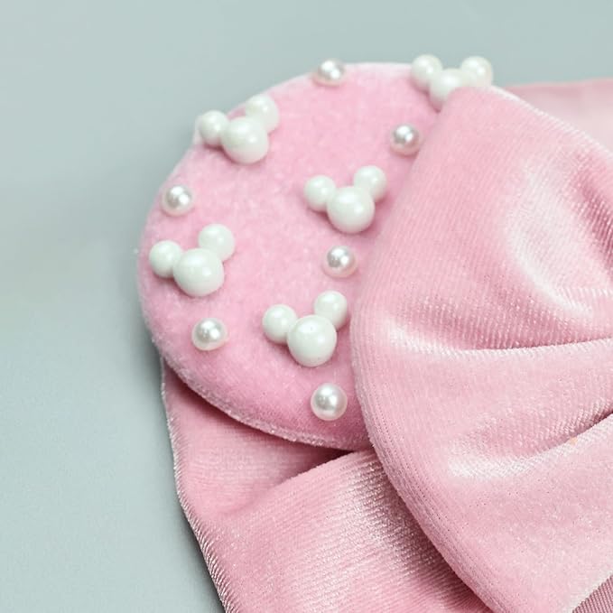 JIAHANG Baby Girl Pink Velvet Mouse Ears Turban Headband with Pearls, Beaded Velvet Hair Bow Hairband for Infants Toddlers Kids