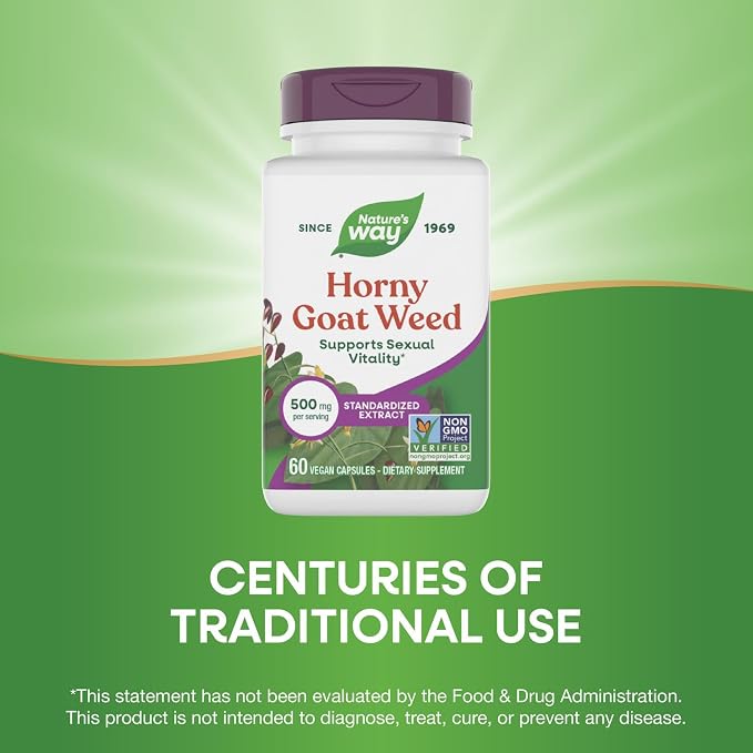 Nature's Way Horny Goat Weed, Standardized Extract, Supports Sexual Vitality*, 500 mg per Serving, Non-GMO Project Verified, 60 Vegan Capsules (Packaging May Vary)