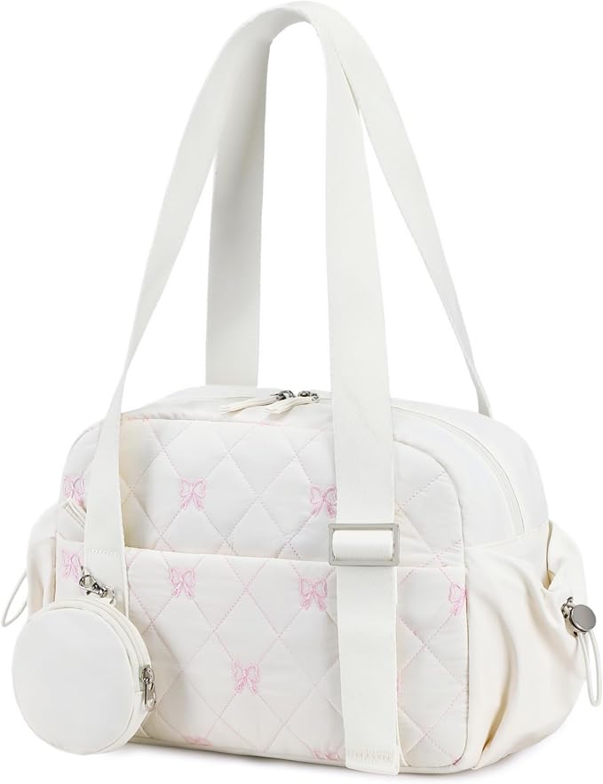CAMTOP Mini Gym Bag for Women, Small Gym Tote Bag Puffy Quilted Sports Duffel Bag with Wet Compartment and Coin Purse Duffel Bags Dance Yoga Workout Bag for Gifts (White Pink Bow, Mini-12.6")