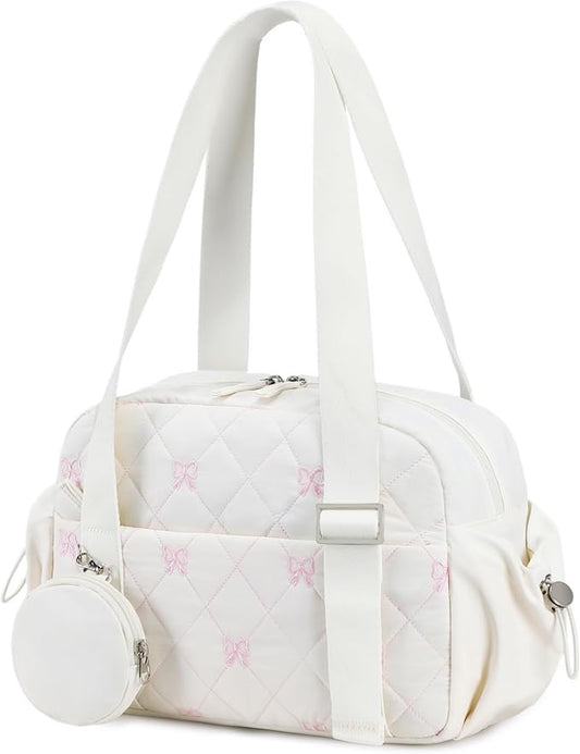 CAMTOP Mini Gym Bag for Women, Small Gym Tote Bag Puffy Quilted Sports Duffel Bag with Wet Compartment and Coin Purse Duffel Bags Dance Yoga Workout Bag for Gifts (White Pink Bow, Mini-12.6")