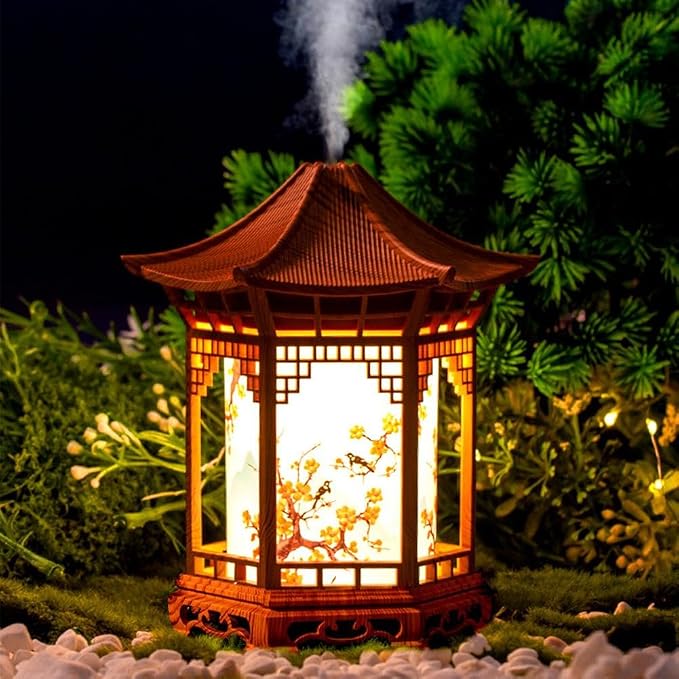 Zen Pavilion Lantern Aroma Diffuser & Night Light,2-in-1 160ml Essential Oil Diffuser with 2 Mist Modes,Zen Garden Humidifier Chinese-Style Decorative Night Light for Yoga, Meditation (Wood Color)