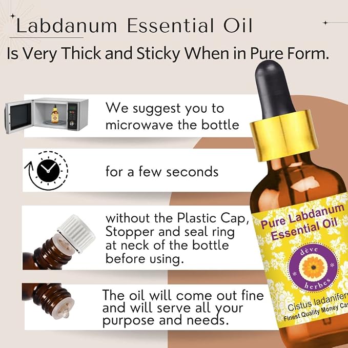 dève herbes Labdanum Essential Oil (Cistus ladaniferus) with Glass Dropper | Pure | Viscous Texture | Unisex | All Skin Types | External Use | Natural Extract | Steam Distilled 50ml (1.69 oz)