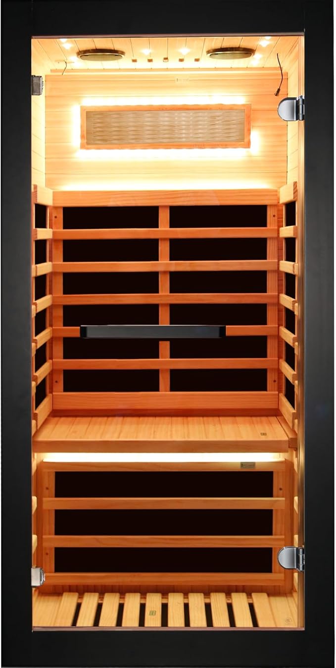 OUTEXER Sauna One Person Infrared Saunas Room Chilean Pine Wood 1050W Dry Saunas Spa with 7 Color Starry Sky Light Oxygen Bar Cup Holder 30.7x30.7x62.2inch