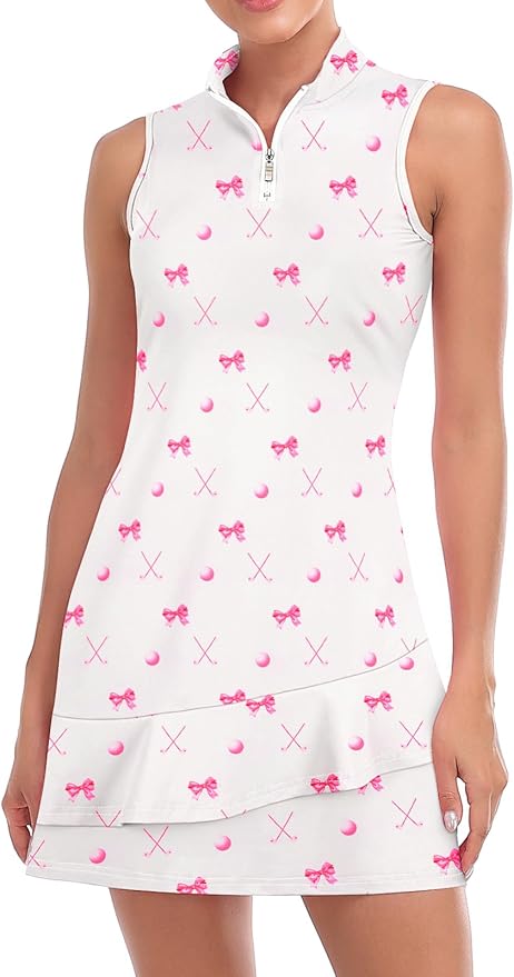 Viracy Tennis Dress for Women Sleeveless Golf Dresses with Shorts and Pockets Ruffle Zip Up Stand Collar Golf Outfits