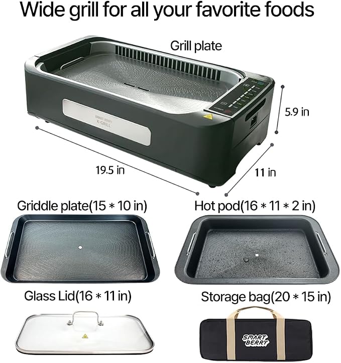 SMART BERRY 3 in 1 Smokeless Electric Indoor Grill, Nonstick Grill/Griddle Plates, hot pot, Glass Lid, Portable Korean BBQ Grill with 7-Level Control, black (HOT POT set White)