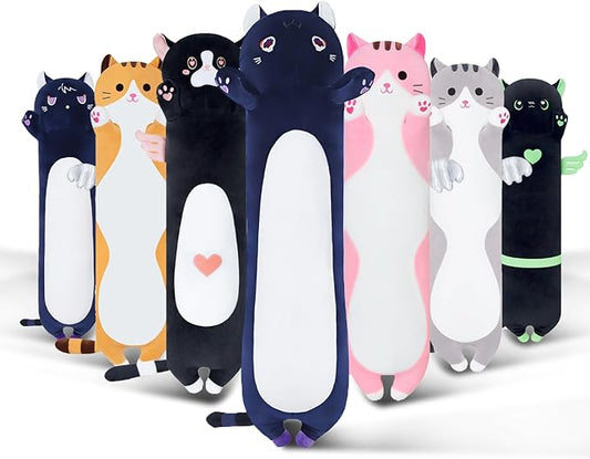 Long Cat Body Pillow for Kids, Cute Cat Stuffed Animals Gifts for Girls, Long Cat Plush Toy for Birthday, Soft Cat Plushies Pillow (DevilCAT with Skull, 43.3in/110cm)