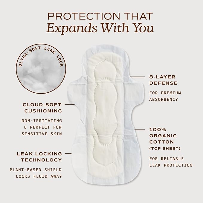 August Super Cotton Menstrual Pads, 36-Pack Ultra Thin Pads with Wings, Hypoallergenic Sanitary Napkins with Organic Cotton Topsheet, Compostable Wrappers, Toxin Free, Fragrance Free