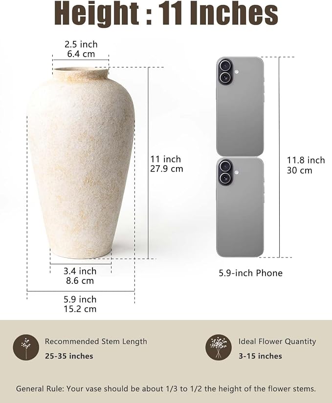 Large Ceramic Rustic Vase 11 Inches, YBX White Ceramic Flower Vase for Centerpieces, Decorative Farmhouse Tall Vase for Home Decor, Living Room, Bedroom, Hallway, Wedding, Table Decorations, Beige