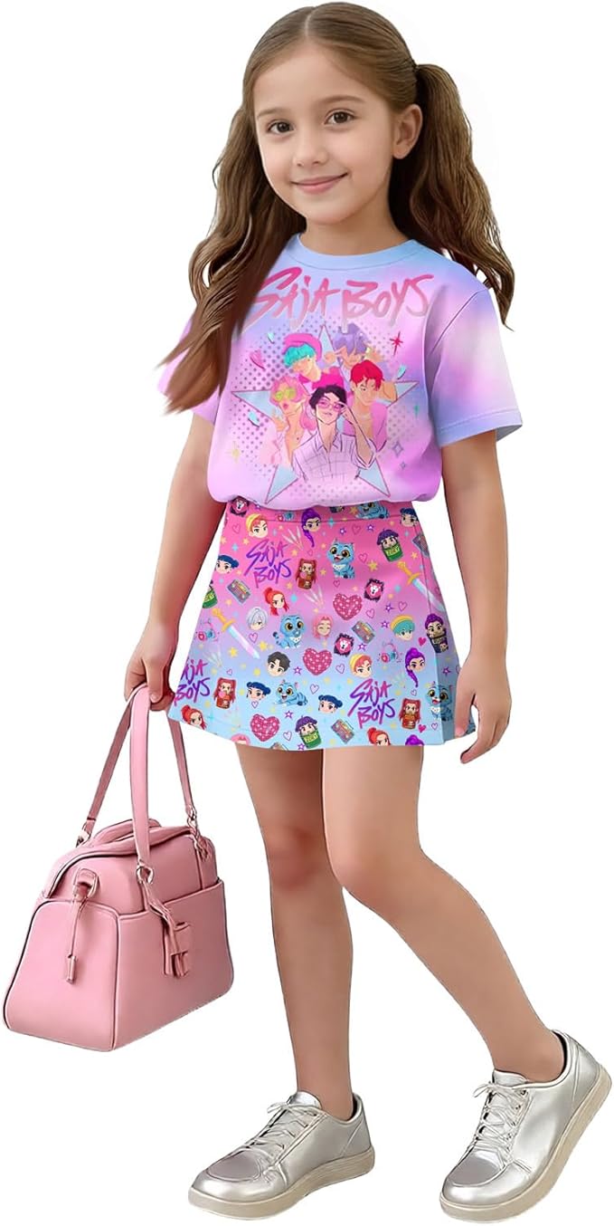 HTHLVMD K Pop Short Sleeve T-Shirt and Skirts Outfits Set for Girls Hunters Rumi Mira Zoey Graphic Tees De-Mon Costume