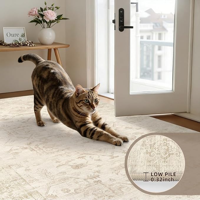 Round Area Rug for Living Room: 8ft Vintage Boho Neutral Washable Circle Rug Soft Large Circular Carpet for Bedroom Nursery Farmhouse Dining Room Office Floor Non-Slip Low Pile Under Table Beige/Brown