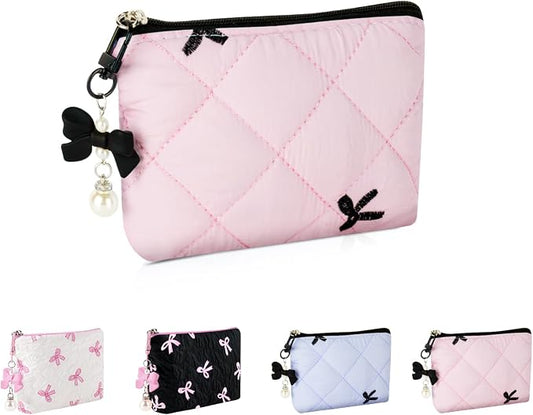 Mini Makeup Bag, Small Bow Tie Cosmetic Bag for Purse with Keychain, Portable XS Travel Makeup Pouch for Daily Use (Pink-Black Bow Tie)