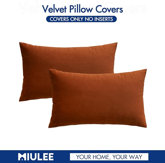 MIULEE 12x20 Inch Lumbar Velvet Fall Throw Pillow Covers Rust | Pack of 2 Soft Solid Decorative Pillow Covers, Modern Luxury Home Decor, for Chair Couch Sofa Bedroom Livingroom